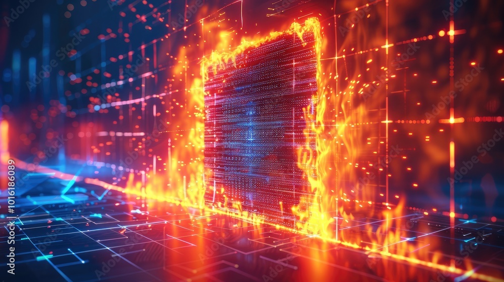Aufkleber a glowing firewall icon represented by a burning digital wall on a background of a neon-blue network