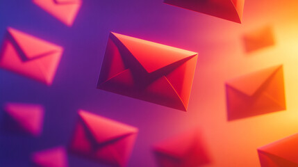 swarm of glowing digital envelopes floats in a dark cyberspace, symbolizing virtual communication and data exchange. The image represents connectivity, digital privacy, and the flow of information