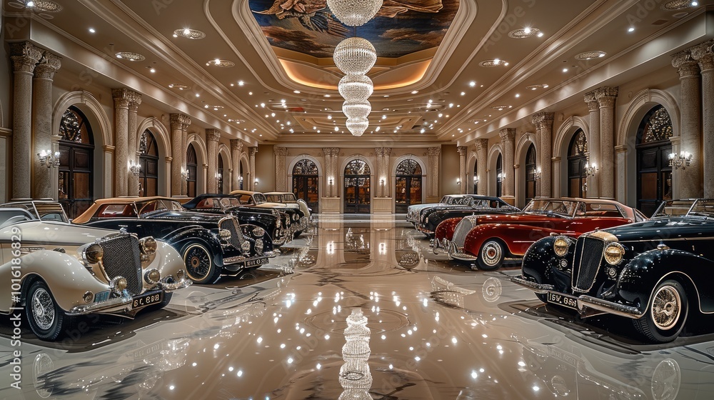 Poster a grandiose garage with marble floors, featuring multiple vintage cars displayed in an opulent setti