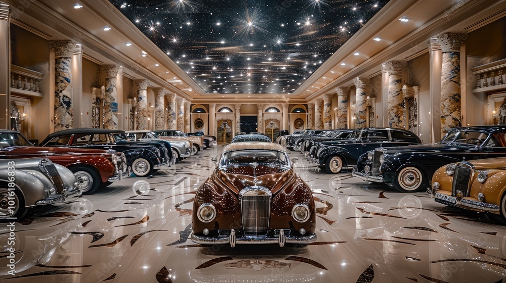 Poster a grandiose garage with marble floors, featuring multiple vintage cars displayed in an opulent setti
