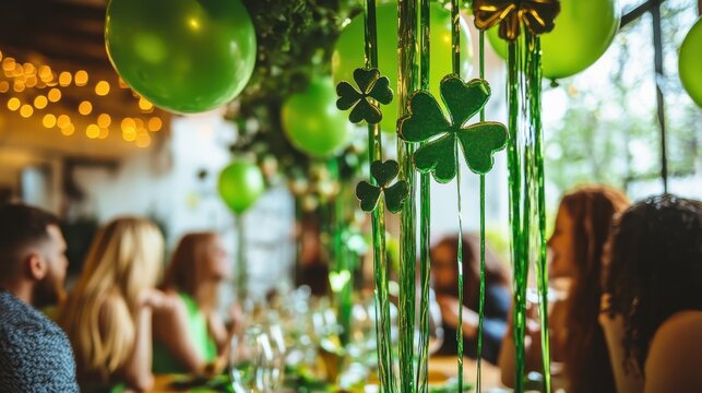 Friends celebrate St. Patrick's Day enjoying food and drinks under vibrant green decorations