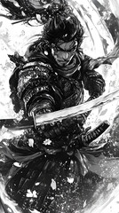 Dynamic Samurai Character in Black and White Manga Illustration | Epic Action Art