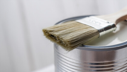 Painting brush lying on can of paint. Light backdrop.