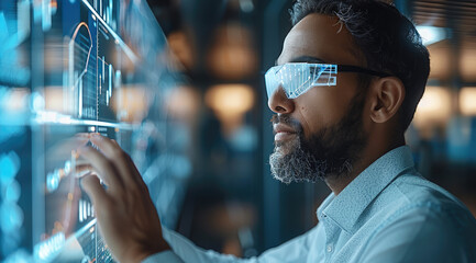 Businessman augmented reality project management, transparent screens, modern office.