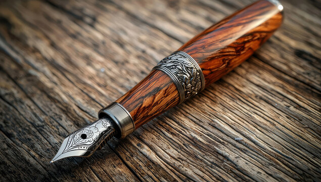 Close-up of a beautifully handcrafted wooden fountain pen featuring exquisite engravings, highlighting the artisanal craftsmanship and classic design style.