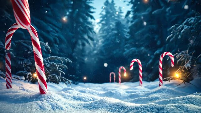 Surreal Christmas scene with giant candy canes in a snowy forest, twinkling stars, and gently falling snowflakes for a magical fairytale atmosphere. Candy canes, New Year, Christmas