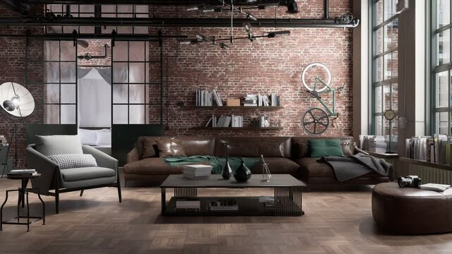 Modern loft apartment presented in 3D animation. The living room interior is characterized by raw bricks typical of a loft, visible installation elements, industrial wooden floor and large windows.