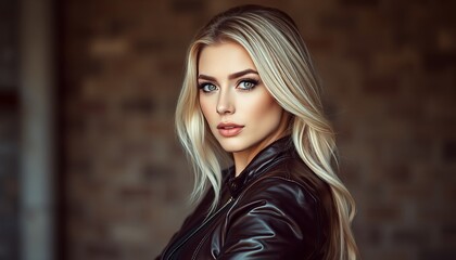 Fototapeta premium Stunning blonde woman in leather jacket poses confidently indoors