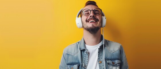 A joyful man laughs while listening to music on headphones against a bright yellow backdrop,...