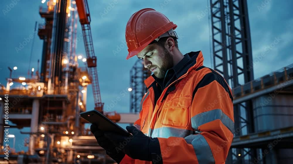 Poster operators managing oil and gas exploration projects with tablets, using real-time data to control dr