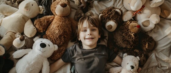 A child nestled among a collection of plush teddy bears, capturing a scene of warmth and whimsical comfort in a cozy setting.