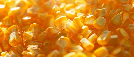 A close-up view of vibrant corn kernels basking in sunlight, capturing their natural golden hues and textures.