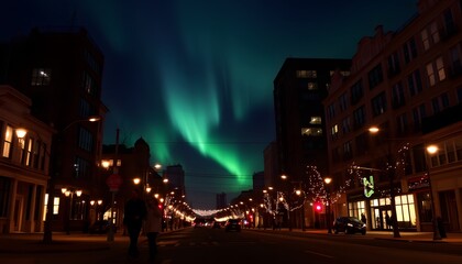 borealis City Panorama Northern Lights Illuminating the Night Sky