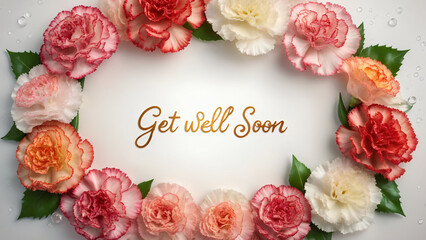 Get well soon card with a heartwarming bouquet of colorful carnation conveying wishes for speedy recovery.
