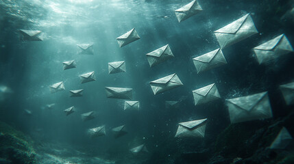 swarm of glowing digital envelopes floats in a dark cyberspace, symbolizing virtual communication and data exchange. The image represents connectivity, digital privacy, and the flow of information