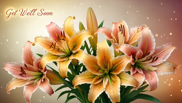 Get well soon card with a heartwarming bouquet of colorful lily, expressing wishes for a speedy recovery.
