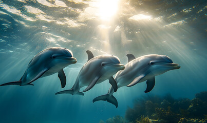 Obraz premium A pod of dolphins swims close together in an underwater setting with sunlight shining through the water surface, creating a beautiful marine life scene, Generative ai