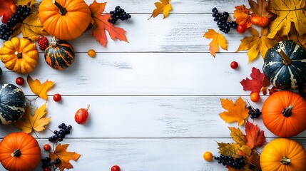 Pumpkins, berries, and autumn leaves arranged in a vibrant display on a white wooden background with space for text.