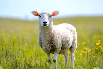 Obraz premium A fluffy white sheep standing alert in a lush green field, illuminated by the sun, capturing the essence of pastoral life and tranquility.