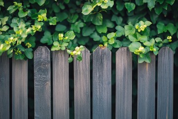 A rustic wooden fence is adorned with vibrant, lush green vines, creating a picturesque scene of natural beauty and tranquility in a garden setting.