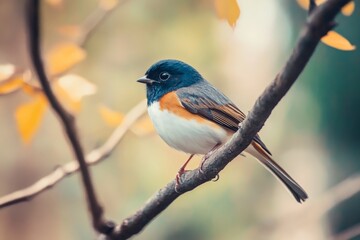 Naklejka premium A vibrant, colorful bird perches elegantly on a slender branch; its vivid feathers and bright eyes bring life and charm to the serene natural setting.