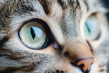A detailed close-up shot captures the mesmerizing green eyes of a cat in remarkable clarity, showcasing an intense and captivating feline gaze.