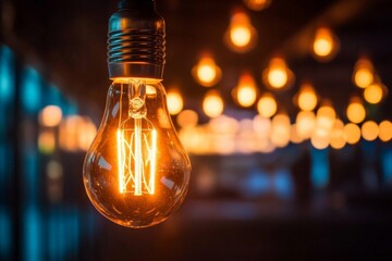 A close view of an Edison bulb glowing warmly, hanging in a dimly lit room, with a backdrop of blurred, soft glowing bulbs adding depth.