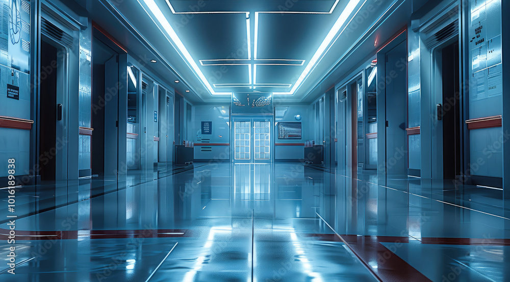 Aufkleber a high school hallway that would be in the same building and style futuristic, and digital led scree