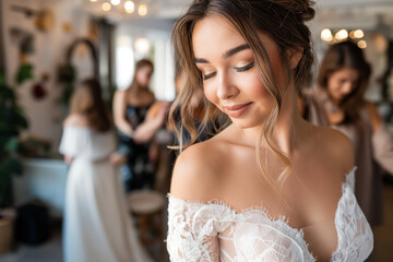 Fototapeta premium Wife in wedding dress posing in a room with bridesmaid and other bridal attendant. Woman is getting ready for a marriage and is wearing a white lace dress.