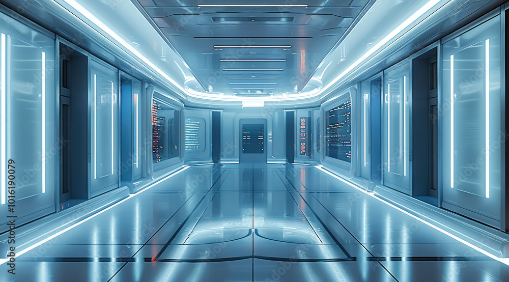Aufkleber a high school hallway that would be in the same building and style futuristic, and digital led scree