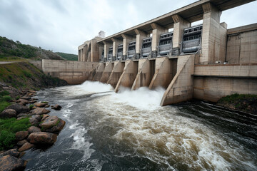 Large hydroelectric dam structure with multiple spillways releasing water into the river, surrounded by rocky terrain and green foliage under a cloudy sky.