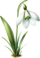Fototapeta premium Single White Snowdrop Flower with Green Stem and Leaves