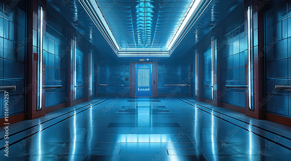 Aufkleber a high school hallway that would be in the same building and style futuristic, and digital led scree