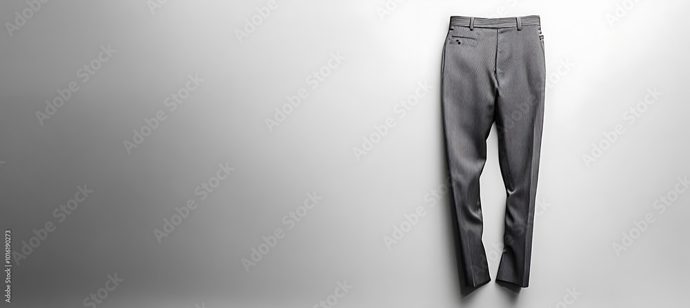 Poster a pair of elegant formal trousers hanging with open space on the right for text