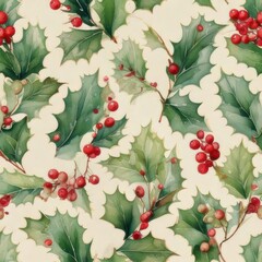 A holiday-inspired seamless pattern of red holly berries and green leaves, perfect for seasonal decorations and festive designs.