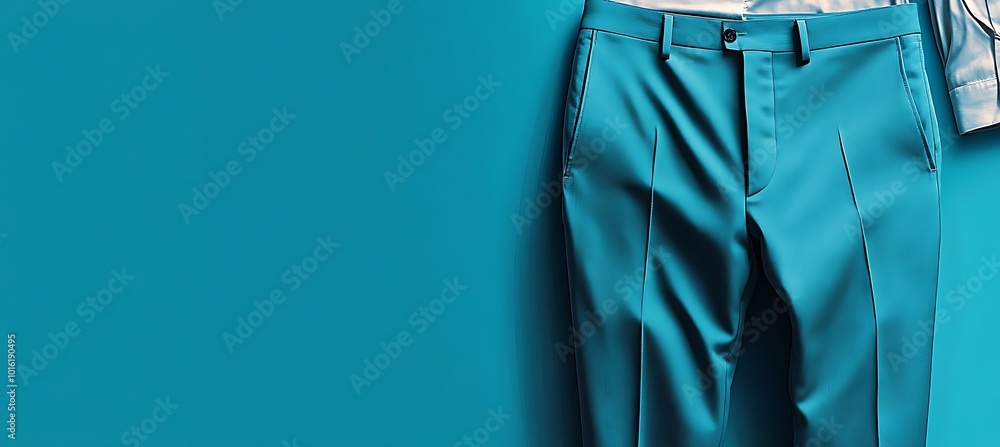 Poster a pair of elegant formal trousers hanging with open space on the right for text