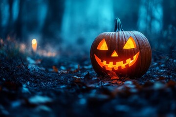 A single jack-o'-lantern glows mysteriously on the forest ground, surrounded by mist and fallen leaves, creating a haunting Halloween night scene.