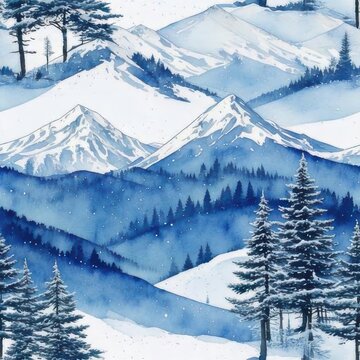 A seamless winter landscape pattern displaying snow-covered mountains alongside evergreen trees, evoking a calm and scenic atmosphere.