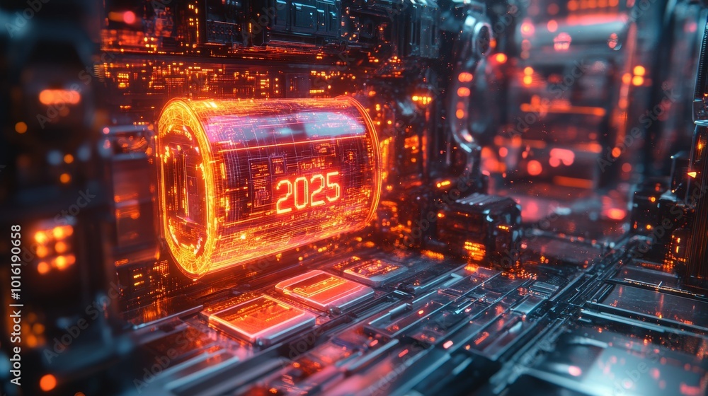 Poster holographic representation of a futuristic interface showing the year 2025 in a high-tech setting