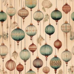 A continuous pattern featuring vintage Christmas ornaments with elaborate designs and subdued colors, gently hanging on a soft beige background, setting a sophisticated holiday mood.