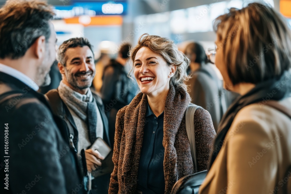 Aufkleber a group of people stands in a bustling airport terminal, engaging in cheerful conversation amidst th