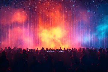 a lively vector of a dj console and wedding guests dancing, with vivid color festive atmosphere. wedding entertainment and celebration, dj culture in social events, live music and dance