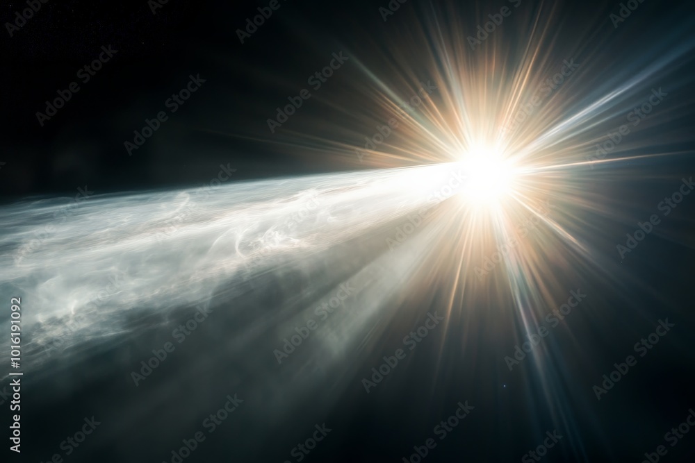 Poster A vibrant beam of light illuminates the vast reaches of space, creating a mesmerizing interplay of brightness and shadows, epitomizing cosmic magnificence and exploration.