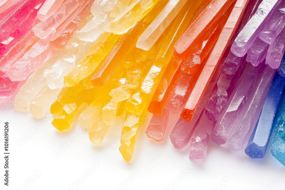 Poster a captivating close-up view of vibrant sugar crystals in a rainbow of colors, highlighting their daz