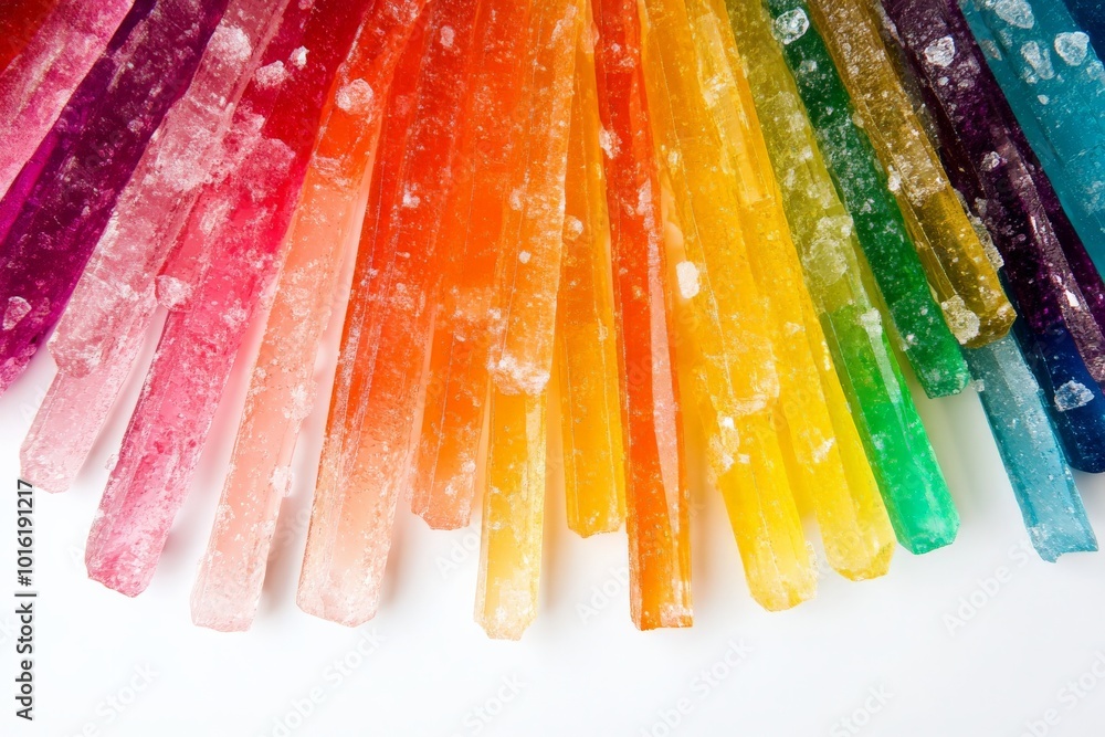 Poster a striking array of bright, multicolored rock candy sticks arranged in a fan shape, showcasing a spe