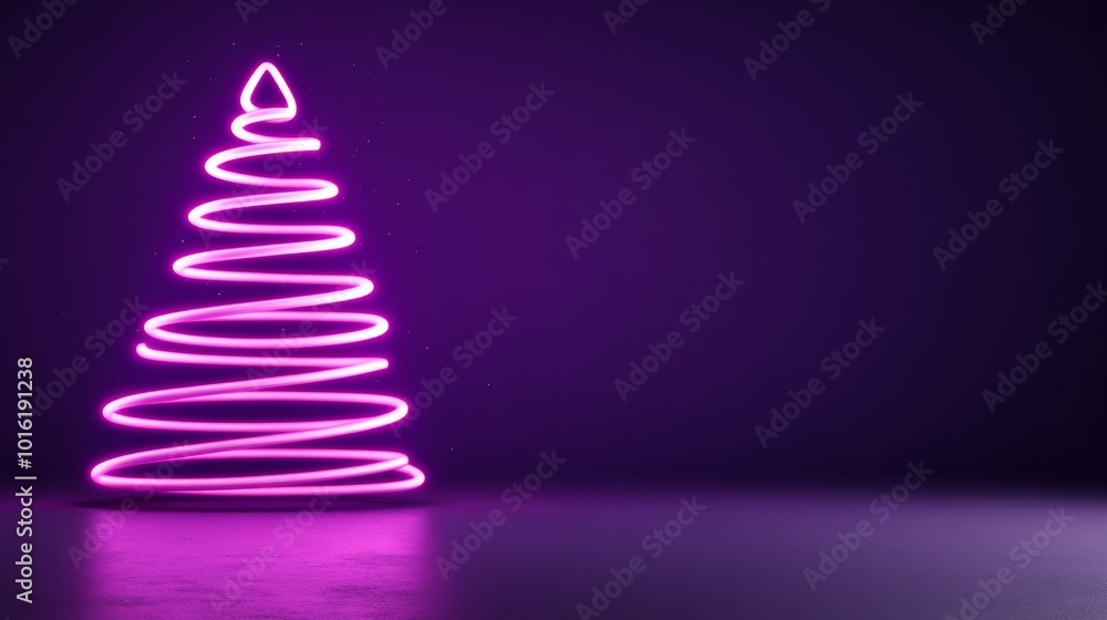 Poster abstract neon christmas tree formed by swirling glowing light trails on a deep purple-to-black gradi