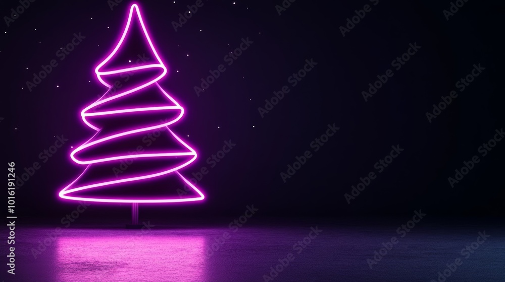 Poster abstract neon christmas tree formed by swirling glowing light trails on a deep purple-to-black gradi