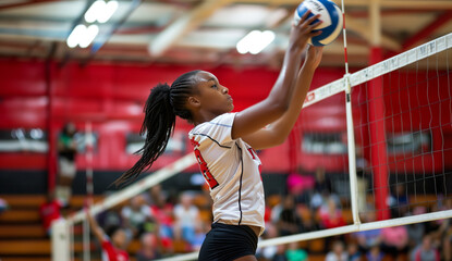 African american female volleyball player in team uniform is playing volleyball at a tournament jumping and reaching the ball