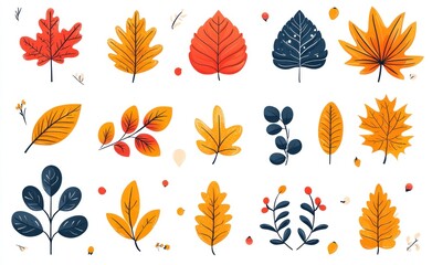 Autumn leaves illustration featuring various shapes and colors, including orange, red, yellow, and brown leaves on a white background Generative AI