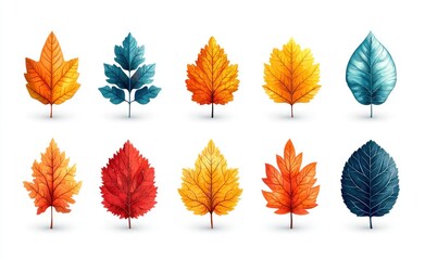 Obraz premium Autumn leaves illustration featuring various shapes and colors, including orange, red, yellow, and brown leaves on a white background Generative AI